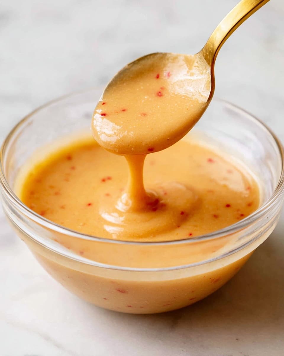 A clear glass bowl holds a smooth, creamy sauce with a light orange color and small red specks inside. A gold spoon above the bowl scoops some sauce, showing its thick, slightly glossy texture as it drips back into the bowl. The bowl sits on a white marbled surface, with a clean and simple background. photo taken with an iphone --ar 4:5 --v 7