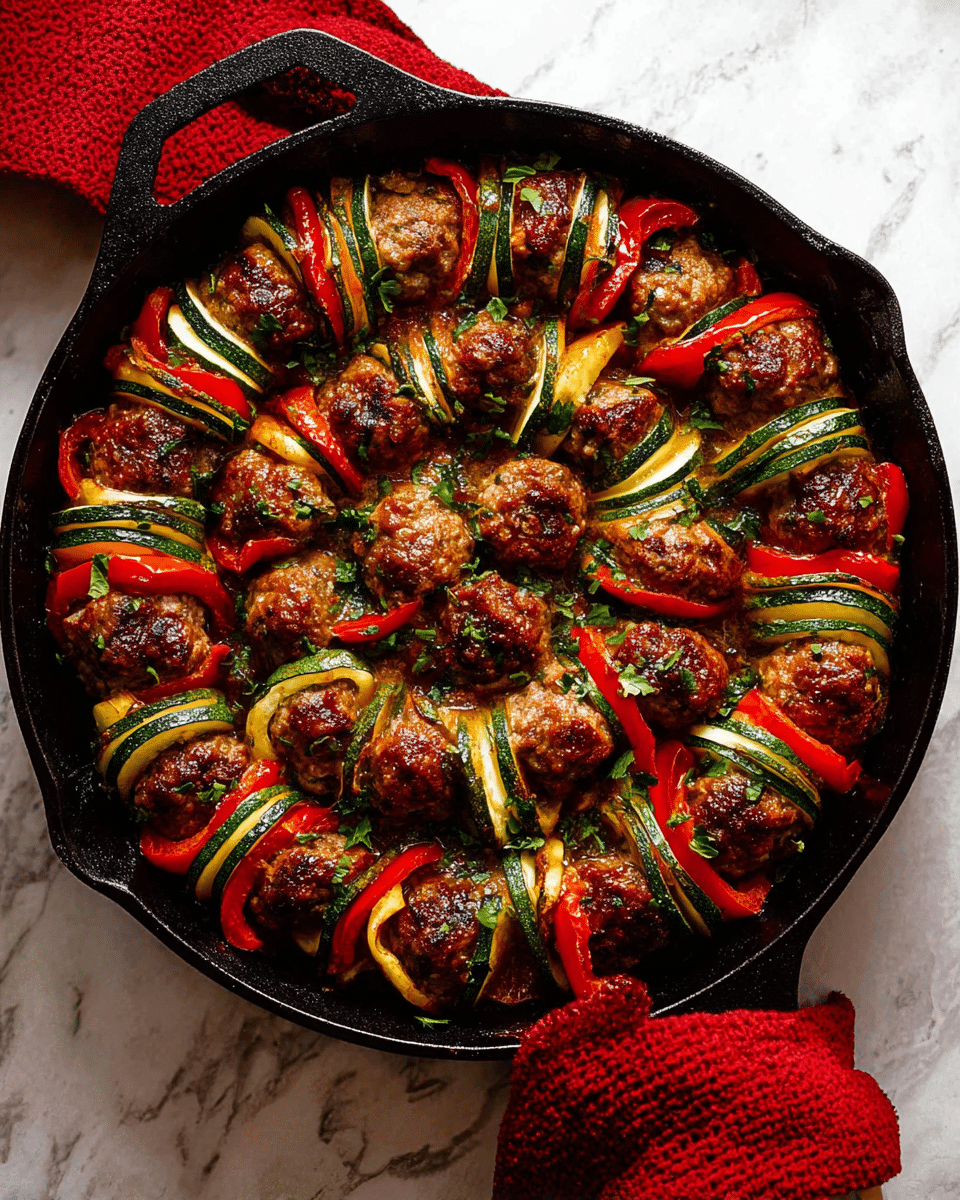 The image shows a round black cast iron skillet filled with cooked food arranged in a circular pattern on a white marbled surface. The dish has layers of browned meatballs, green zucchini slices, and bright red bell pepper strips, all placed upright and alternating in a repeating sequence. The vegetables look glossy and tender, with some chopped herbs sprinkled on top. A red cloth is wrapped around the skillet handle, adding a splash of color to the scene. photo taken with an iphone --ar 4:5 --v 7