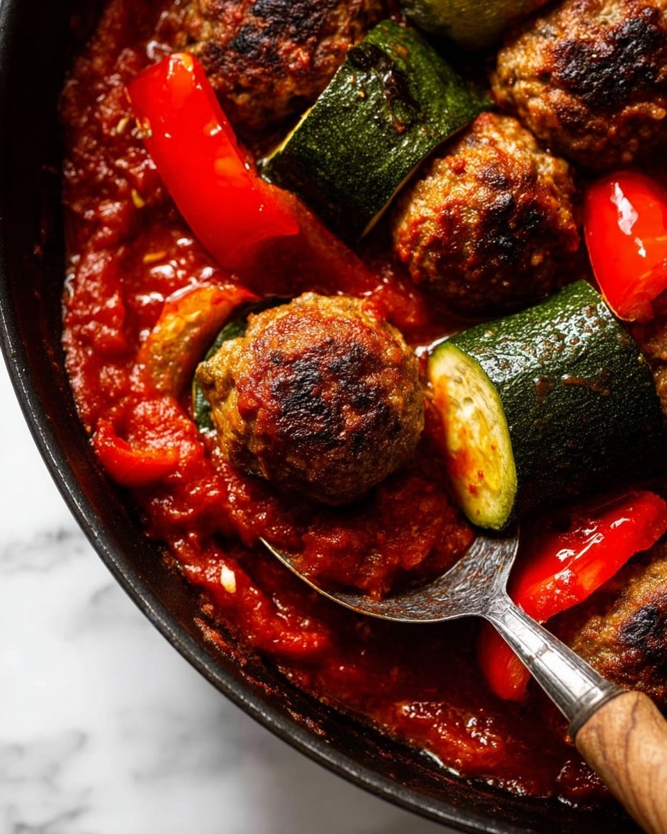 The image shows a close-up of a cooked dish in a black pan on a white marbled surface. The dish has three main visual layers alternating in a repeating pattern: the first layer is a brown, well-browned meatball with a slightly rough texture; next to it is a dark green zucchini slice with a shiny, moist surface; the third layer is a bright red bell pepper piece with a smooth and slightly soft texture. These layers repeat and are partially covered by a rich, thick, red tomato sauce that fills the gaps around and beneath the ingredients. A wooden-handled metal spoon is scooping some of the food from the right side of the pan. Photo taken with an iphone --ar 4:5 --v 7