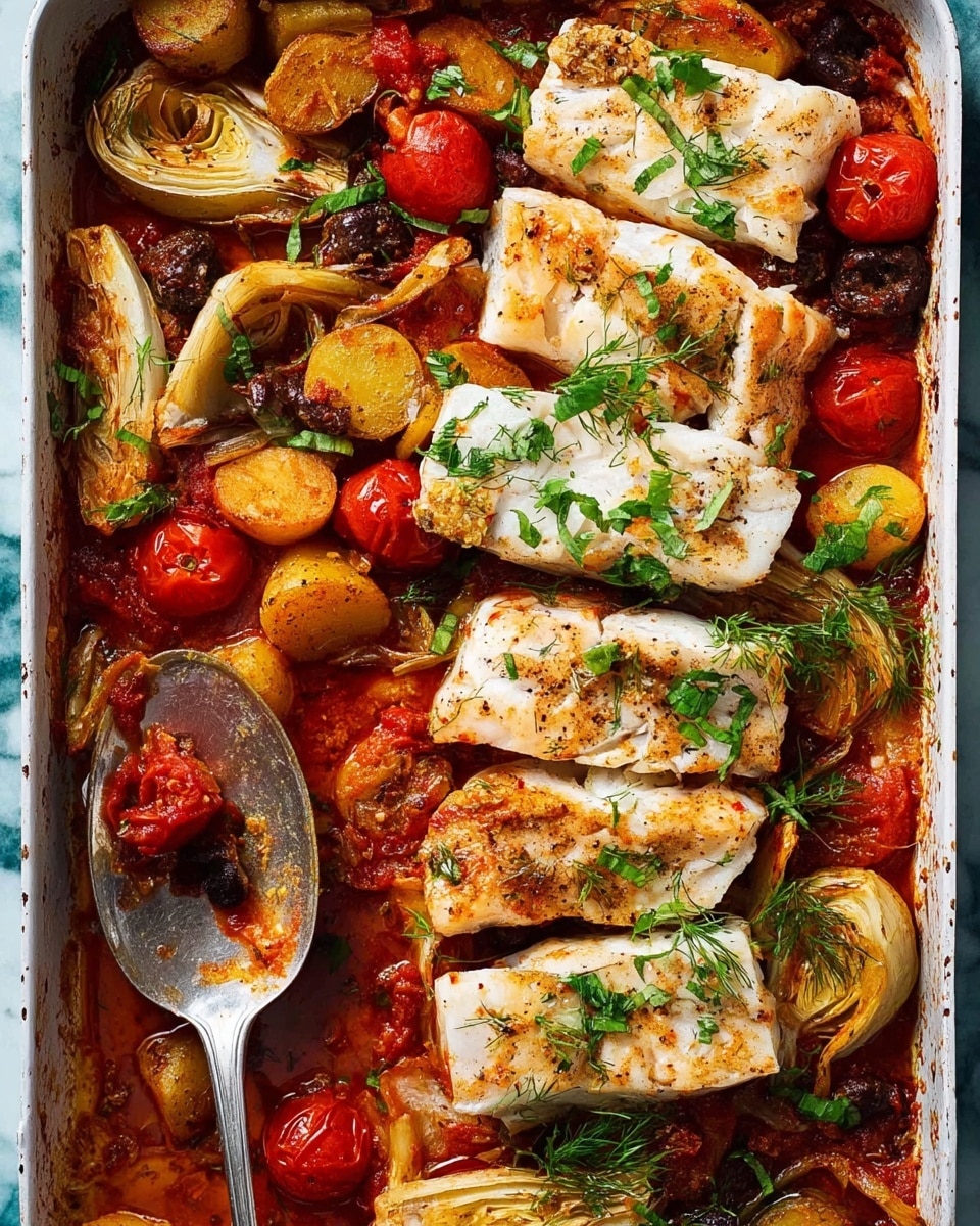A white baking tray filled with a rich, roasted dish. The bottom layer is a mix of golden-brown roasted potatoes, bright red cherry tomatoes, and pale yellow roasted fennel, all coated in a thick, deep red sauce with herbs. On top, there are five thick, white fish fillets with a light golden sear and sprinkled with fresh green herbs. A silver spoon rests on the left side, scooping some of the saucy vegetable mix. The background is a white marbled texture. photo taken with an iphone --ar 4:5 --v 7