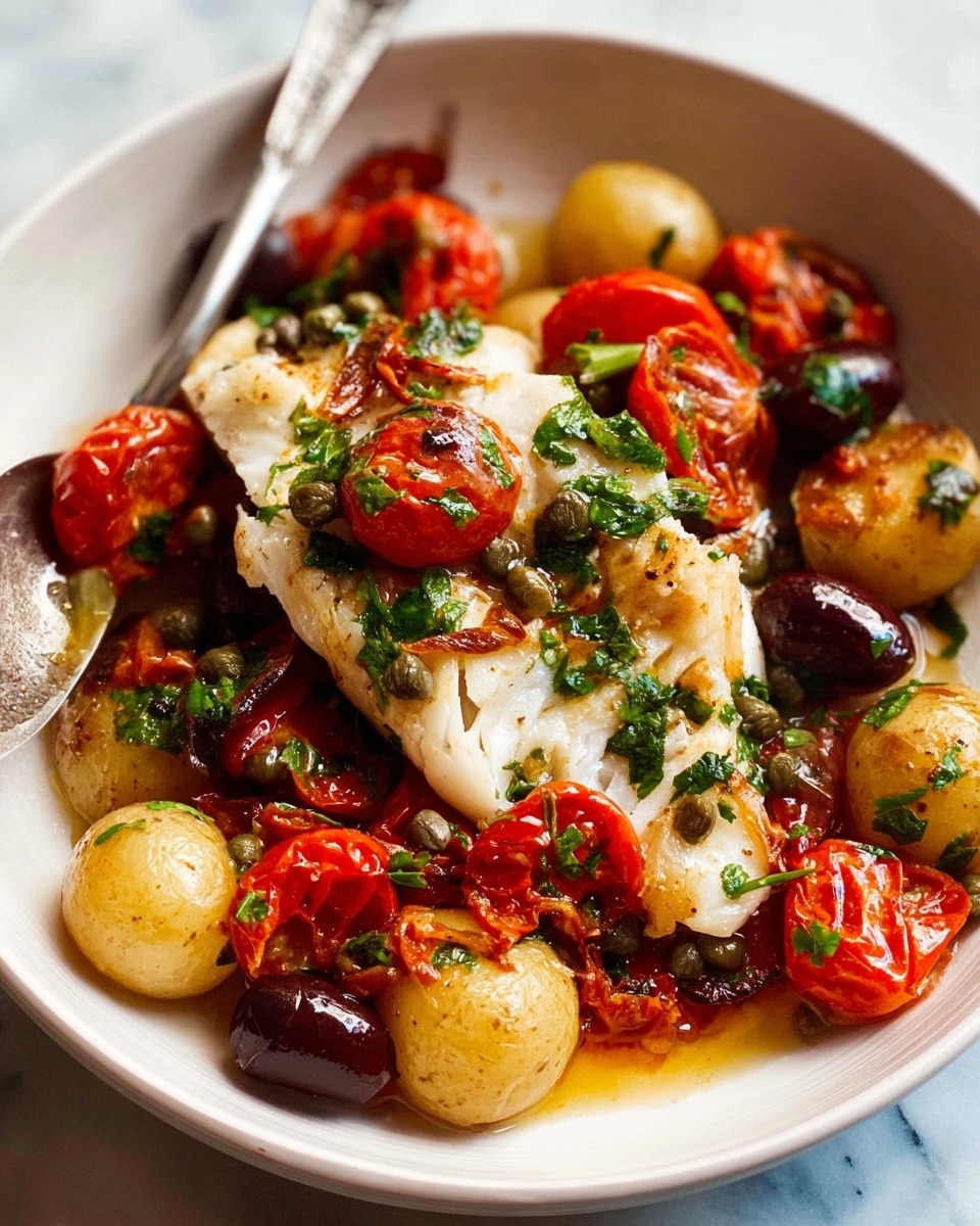 A white bowl filled with a cooked dish showing three main layers: the bottom layer has small round golden brown roasted potatoes, the middle layer is made up of bright red cooked cherry tomatoes and dark brown olives, and the top layer features a large piece of white fish fillet sprinkled with chopped green herbs and capers. The fish looks tender with some flakes gently falling apart, and the whole dish has a glossy, slightly oily texture with visible herbs scattered throughout. A silver spoon is partially visible on the left side of the bowl, resting on a white marbled surface. Photo taken with an iphone --ar 4:5 --v 7