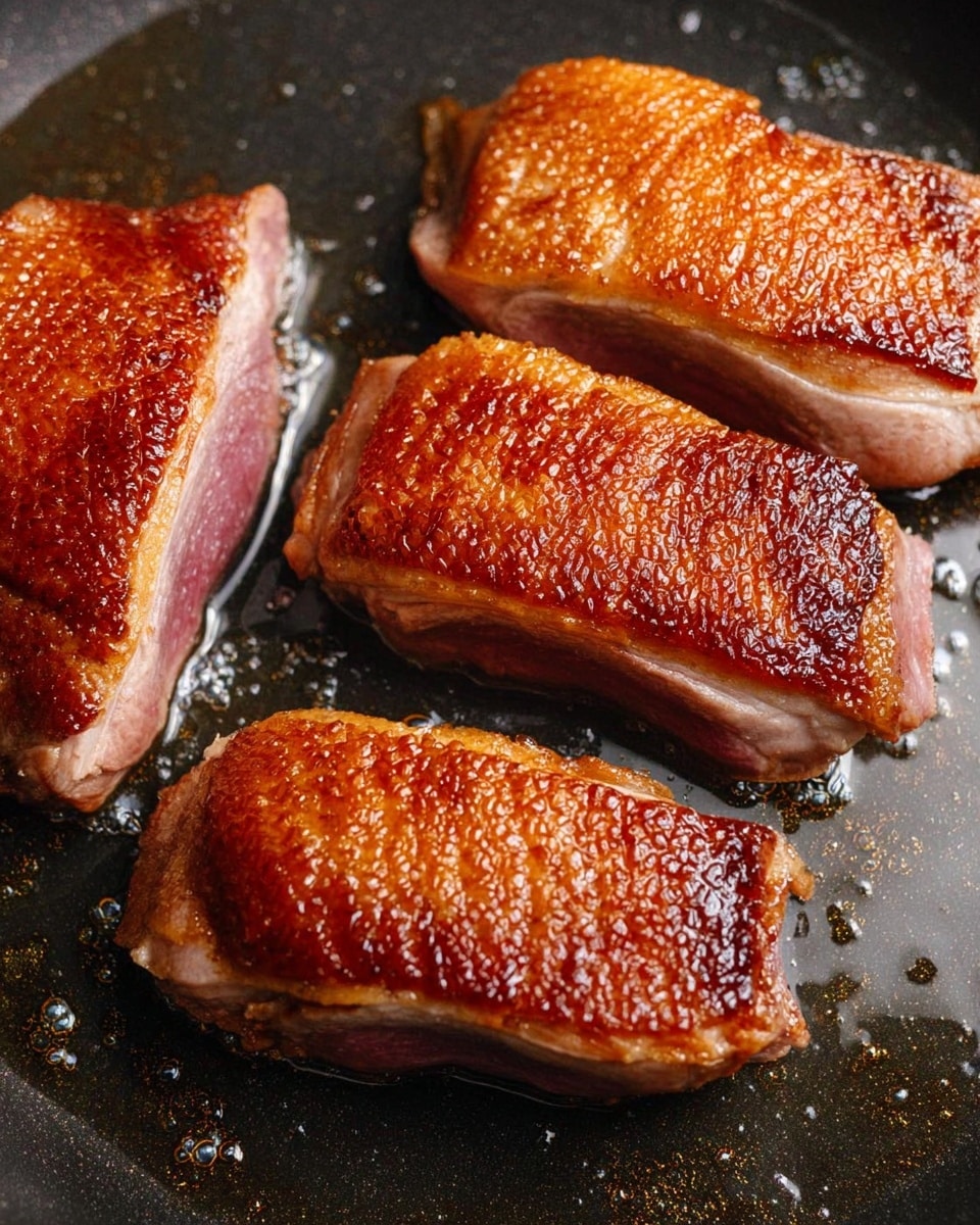 Three pieces of cooked duck breast with crispy golden-brown skin layered on top and juicy pink meat underneath, placed on a black pan surface with some oil glistening around each piece, showing a textured, slightly bubbly and caramelized skin, all set against a white marbled texture background. photo taken with an iphone --ar 4:5 --v 7