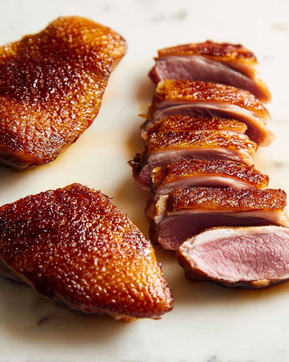 The image shows three sections of cooked duck breast on a white marbled surface. The first section is a whole piece with crispy, golden-brown skin on top, showing a textured, browned surface. The second section is a sliced piece positioned in the middle, with eight evenly cut slices showing a gradient from a crispy browned outer layer to a tender pink inside. The third section is another whole piece similar to the first one, with the same crispy, textured golden skin. The lighting highlights the juicy texture and the contrast between the crispy skin and tender meat. Photo taken with an iphone --ar 4:5 --v 7