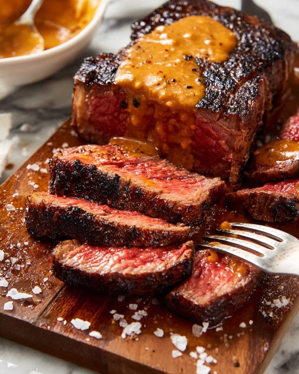 A thick steak is sliced into several pieces, showing a reddish-pink inside with a dark brown, almost black, charred crust on the outside. The top of the steak and sliced pieces are covered with a rich, orange-brown sauce that looks creamy and smooth. The steak rests on a wooden board with coarse salt sprinkled around it. A white dish with more sauce is partially visible in the background on a white marbled surface. A fork is piercing one of the steak slices in the front. photo taken with an iphone --ar 4:5 --v 7