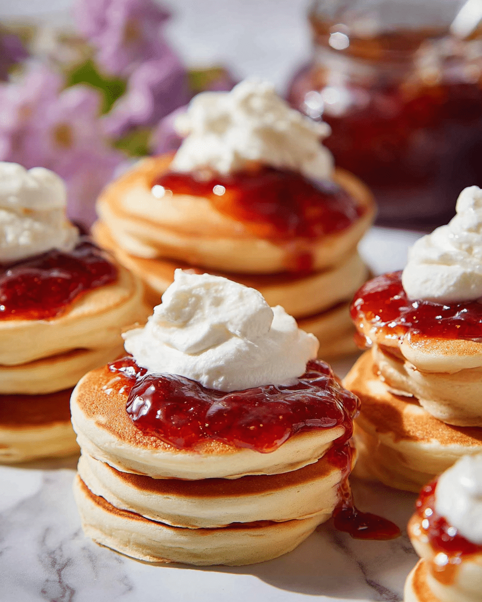 A close-up view of several stacks of golden-brown pancakes arranged on a white marbled surface, each stack showing about three to four layers of fluffy, round pancakes with smooth edges. On top of each stack, there is a thick layer of glossy red jam that is slightly dripping down the sides, topped with a dollop of soft, white whipped cream. The background is softly blurred, featuring light purple flowers and a glass jar of jam. The overall look shows warm, inviting colors with a focus on the texture of the pancakes and the creamy topping. Photo taken with an iphone --ar 4:5 --v 7