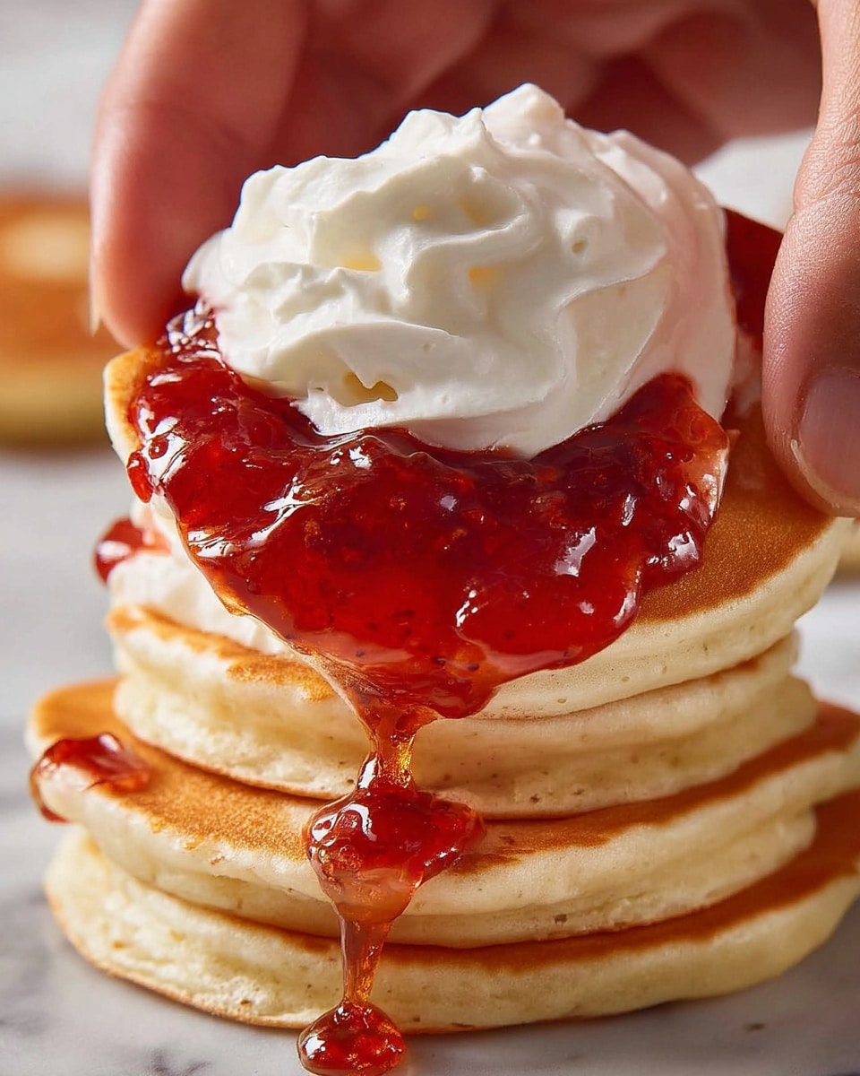 A close-up of a stack of golden brown pancakes resting on a white marbled surface. The top pancake is held by a woman's hand and is topped with a thick layer of shiny red jam that glistens with syrup dripping down the sides. Above the jam, there is a generous dollop of soft, white whipped cream with smooth, swirled texture. The layers show the fluffy pancakes with slight browning on the edges beneath the dripping jam and creamy topping. photo taken with an iphone --ar 4:5 --v 7