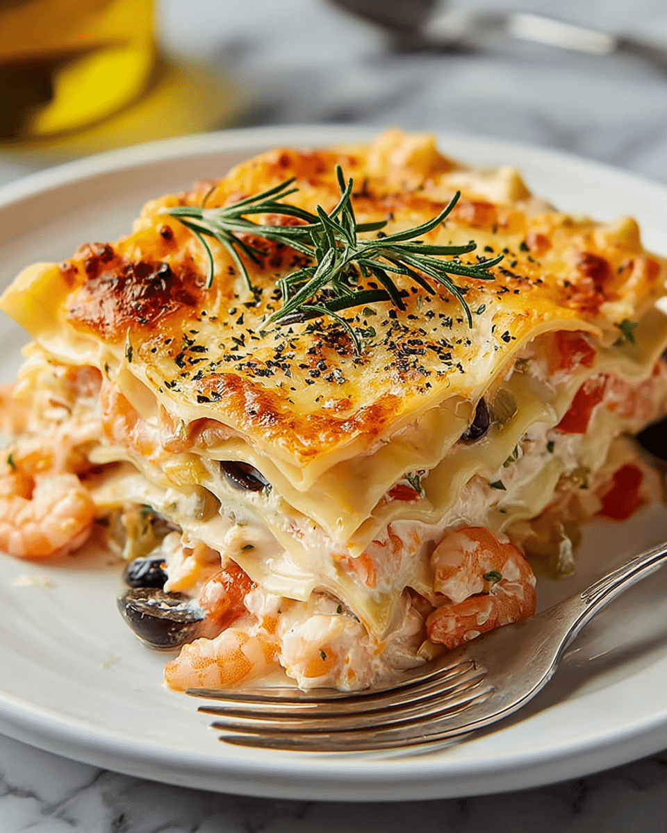 The dish shows a white plate with a layered lasagna piece featuring four visible layers: a top golden-brown baked cheese layer with a sprig of fresh green rosemary and black pepper sprinkled on it, followed by a creamy white sauce layer, then a mixed filling with pink shrimp, black olive slices, and small bits of tomato, and lastly a bottom pasta sheet holding the layers together. The textures range from smooth melted cheese to chunky shrimp and vegetable pieces, all sitting on a white marbled surface, with a silver fork beside the plate. Photo taken with an iphone --ar 4:5 --v 7