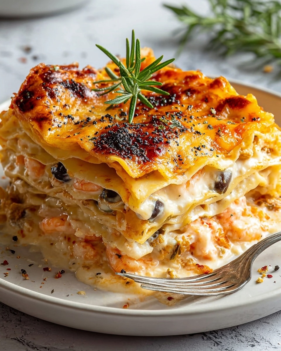 The image shows a thick slice of lasagna on a white plate with four visible layers. The top layer is golden-brown melted cheese with dark toasted spots, sprinkled with black pepper and garnished with a fresh green sprig of rosemary. Below the cheese is a creamy white layer with visible chunks of shrimp and black olives scattered inside. The next layers alternate between pasta sheets and a creamy mixture with shrimp and olives, giving the dish a rich, textured look. The lasagna has a moist, slightly bubbly appearance, with the creamy sauce seeping out around the edges. A fork rests on the plate next to the lasagna piece on a white marbled texture surface in the background. Photo taken with an iphone --ar 4:5 --v 7