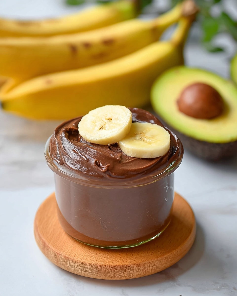 A small clear glass jar filled with one thick, smooth layer of glossy dark brown chocolate mousse, topped with two slices of pale yellow banana resting on the surface. The jar sits on a round wooden coaster, all placed on a white marbled texture surface. In the background, there are three yellow bananas with brown spots on the left and a halved avocado with a green skin and light green inside, showing the large brown pit on the right, along with some green leaves blurred softly behind. Photo taken with an iphone --ar 4:5 --v 7