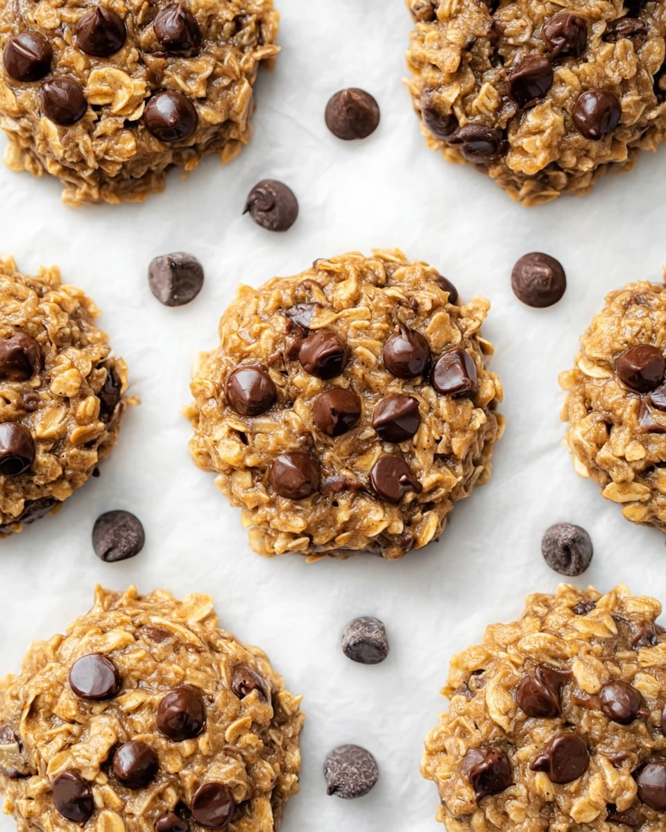 The image shows a close-up of seven soft, round oatmeal cookies with chocolate chips on top, placed on white parchment paper over a white marbled surface. Each cookie has a chunky texture made of oats, with a warm beige color and dark brown chocolate chips scattered on and around them, some slightly melted. The cookies are evenly spaced with additional loose chocolate chips placed randomly between them, creating a rich and inviting look. Photo taken with an iphone --ar 4:5 --v 7