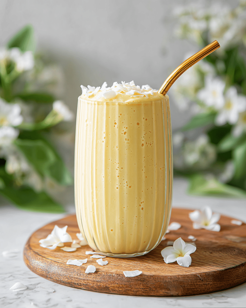 A tall, clear glass with curvy vertical ridges holds a creamy, pale yellow smoothie with tiny bubbles visible throughout. The smoothie is topped with thin white flakes that look like coconut shreds. A shiny gold metal straw is placed on the right side, inside the glass. The glass sits on a round wooden board on a white marbled texture surface, with white flower petals scattered around the base of the glass. In the blurred background, green leaves and white flowers add a fresh touch. photo taken with an iphone --ar 4:5 --v 7