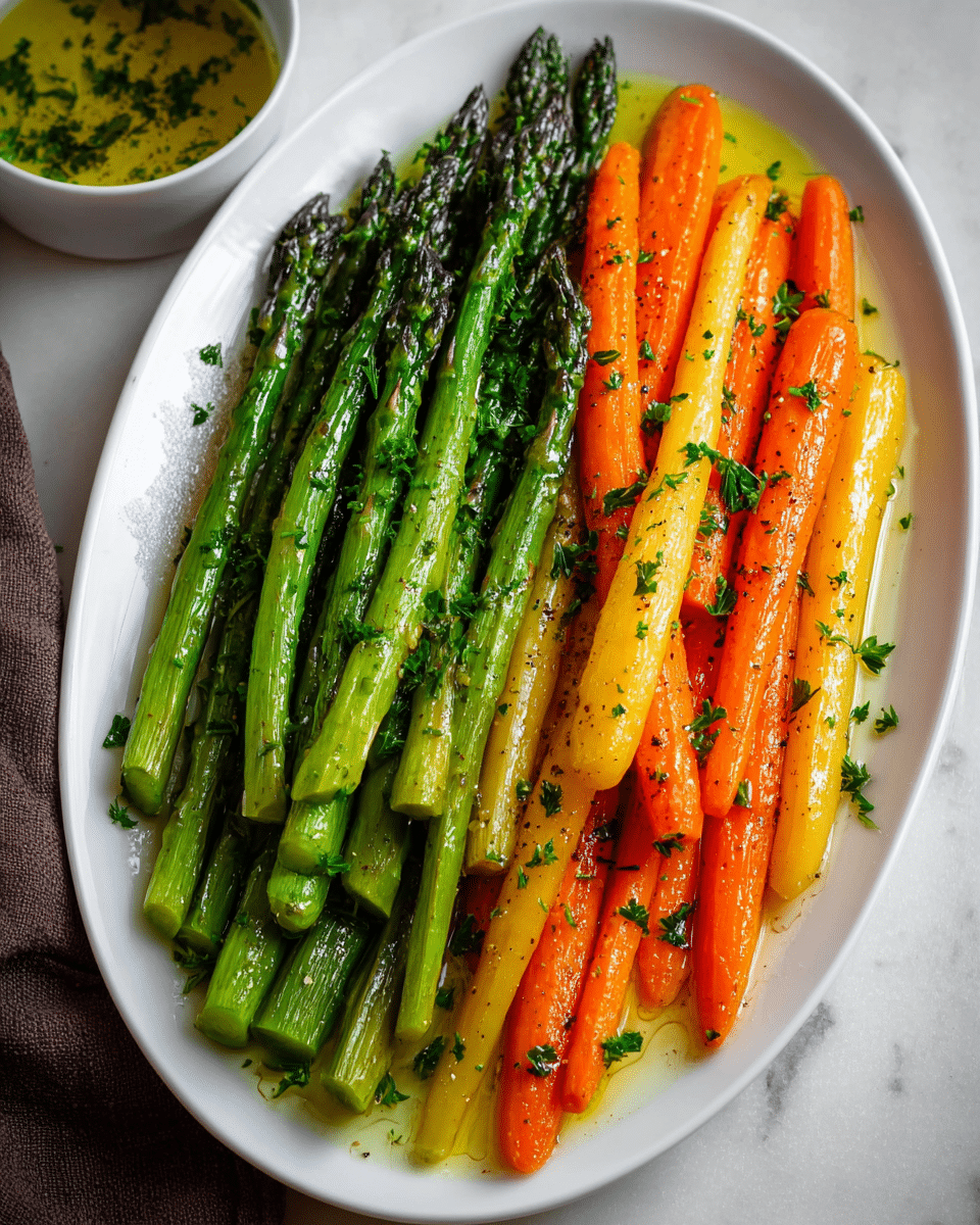 A white oval plate holds two neat rows of cooked vegetables arranged side by side: on the left and right are bright green asparagus spears with a shiny, slightly charred surface, while in the center are vibrant orange cooked carrots with a glistening texture. The vegetables are sprinkled with small bits of fresh green parsley and some black pepper, with a light drizzle of olive oil creating a subtle gloss on the plate. In the background, a white bowl with olive oil and herbs can be seen, all set on a white marbled surface. Photo taken with an iphone --ar 4:5 --v 7