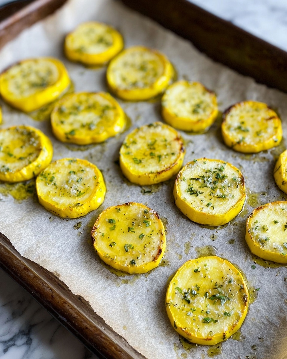 The image shows a baking tray lined with parchment paper holding multiple evenly spaced slices of cooked yellow squash. Each round slice has a bright yellow outer edge and a pale, slightly translucent inner flesh with a light char and browning on some edges. The tops of the slices are sprinkled with finely chopped green herbs, and there is a shiny coating of oil giving a slight glisten. The tray is placed on a white marbled surface. photo taken with an iphone --ar 4:5 --v 7