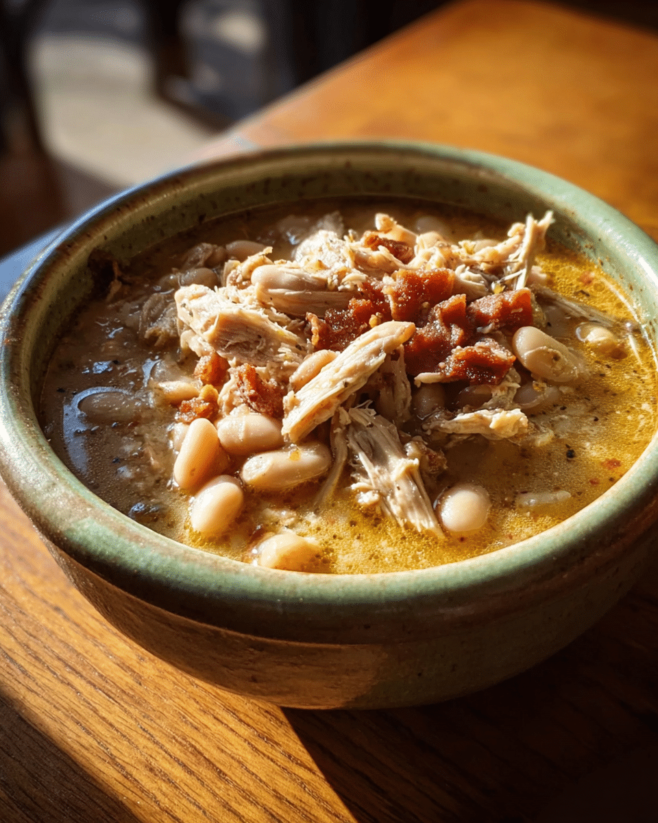 A deep bowl filled with a thick stew shows three main layers visible from the top: the bottom layer is a light golden broth with specks of spices, the middle layer contains creamy white beans scattered unevenly across the stew’s surface, and the top layer is made up of shredded light brown chicken pieces dotted with small chunks of reddish-brown meat. The bowl is earthy green in color and sits on a wooden surface with sunlight softly illuminating the stew, highlighting the glossy textures and warm tones. photo taken with an iphone --ar 4:5 --v 7