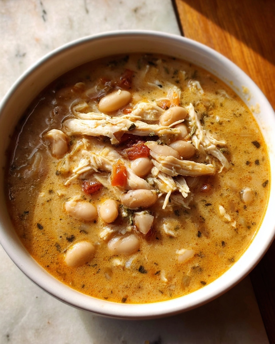 The image shows a white bowl filled with a thick soup placed on a white marbled textured surface. The soup contains visible chunks of shredded chicken, white beans, and small pieces of tomato, all mixed in a creamy, light orange broth with herbs and spices floating throughout. The shredded chicken sits mostly on top along with some beans, creating a layered look with the broth beneath. The lighting highlights the texture and warmth of the soup, emphasizing the tender chicken and plump beans. Photo taken with an iphone --ar 4:5 --v 7