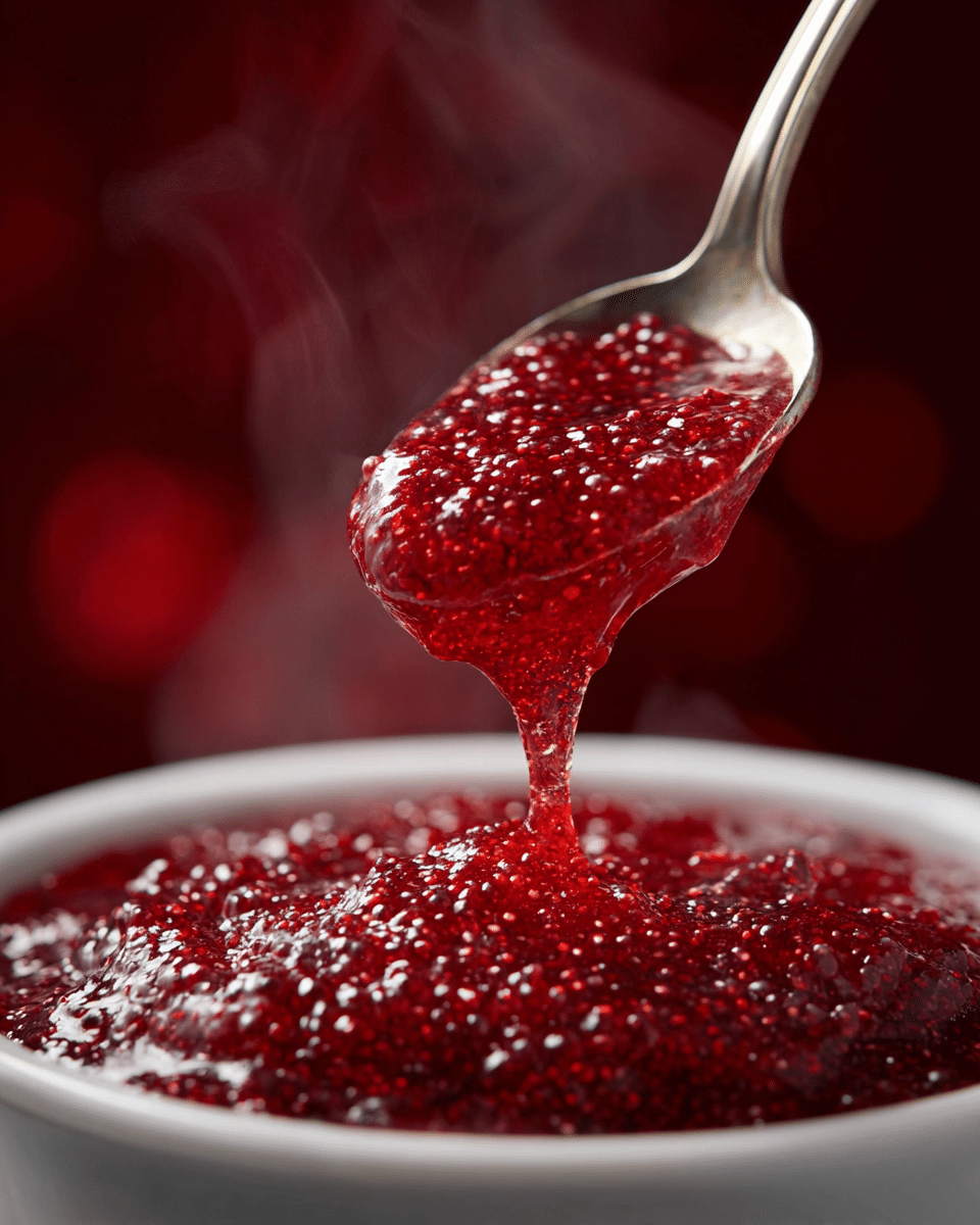 A close-up view of thick, red strawberry jam filled with tiny seeds, being lifted by a shiny silver spoon above a white bowl full of the same jam. The jam has a rich, glossy texture with small bubbles and a sticky consistency, with steam rising softly in the background against a dark red blur. The spoon is pouring some jam back into the bowl, showing its slightly flowing, thick nature. The scene is set on a white marbled surface. photo taken with an iphone --ar 4:5 --v 7