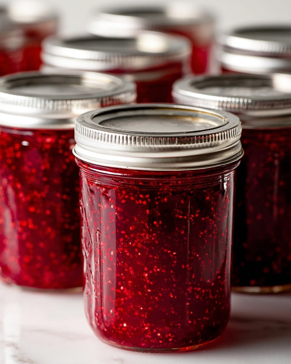 Several clear glass jars filled with deep red jam full of small seeds sit closely together on a white marbled surface. Each jar has a shiny silver metal lid tightly sealed, showing reflections of light with a smooth texture. The jam inside looks thick and glossy, with the bright red color and countless tiny seeds evenly spread throughout. The jars are arranged so that one is in sharp focus in the front center, with others softly blurred in the background creating depth. photo taken with an iphone --ar 4:5 --v 7