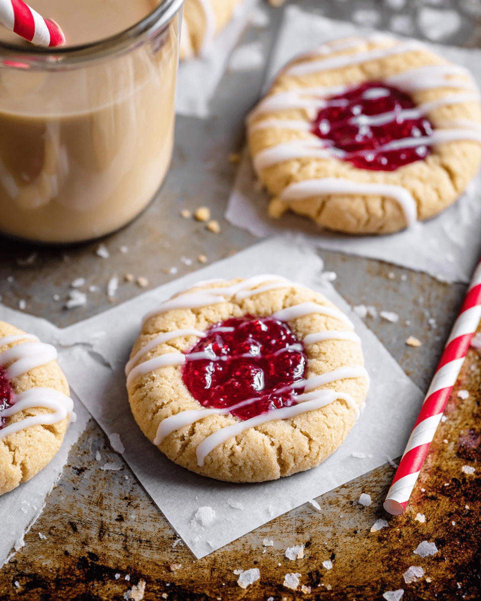 The image shows three round cookies on small square white parchment papers, each with a light golden-brown base texture that looks soft and slightly crumbly. Each cookie has a bright red jam circle in the center, which appears thick and slightly chunky in texture, with white icing drizzled in neat parallel lines over the jam and cookie surface. The cookies sit on a worn, dark baking tray with scattered crumbs around them. In the background, there is a blurred part of a glass jar filled with light brown milk and two red and white striped straws on the white marbled textured surface. photo taken with an iphone --ar 4:5 --v 7