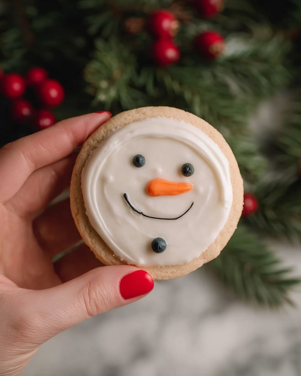 A round cookie with a light brown base is held by a woman’s hand with red nail polish, showing three fingers. The cookie has a smooth layer of white icing in a circle covering most of the top, shaped like a snowman’s head with two black dots for eyes, an orange short line for the nose, and a small black curved line for the smile. Below the face, there are two small black dots representing buttons. The background is blurred with green pine branches and red berries, and the surface beneath is a white marbled texture. photo taken with an iphone --ar 4:5 --v 7