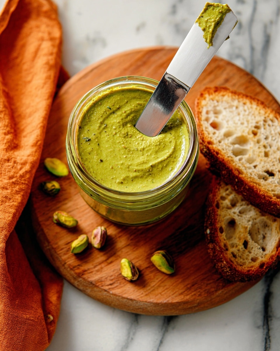 A small glass jar is filled to the top with thick, smooth green pistachio spread showing a slightly grainy texture. A silver knife with a white handle rests inside the jar, coated with the spread. The jar sits on a round wooden board surrounded by a few scattered green pistachios and two slices of toasted brown bread with visible air holes and a crunchy crust. An orange cloth napkin is placed on the white marbled surface near the wooden board. photo taken with an iphone --ar 4:5 --v 7