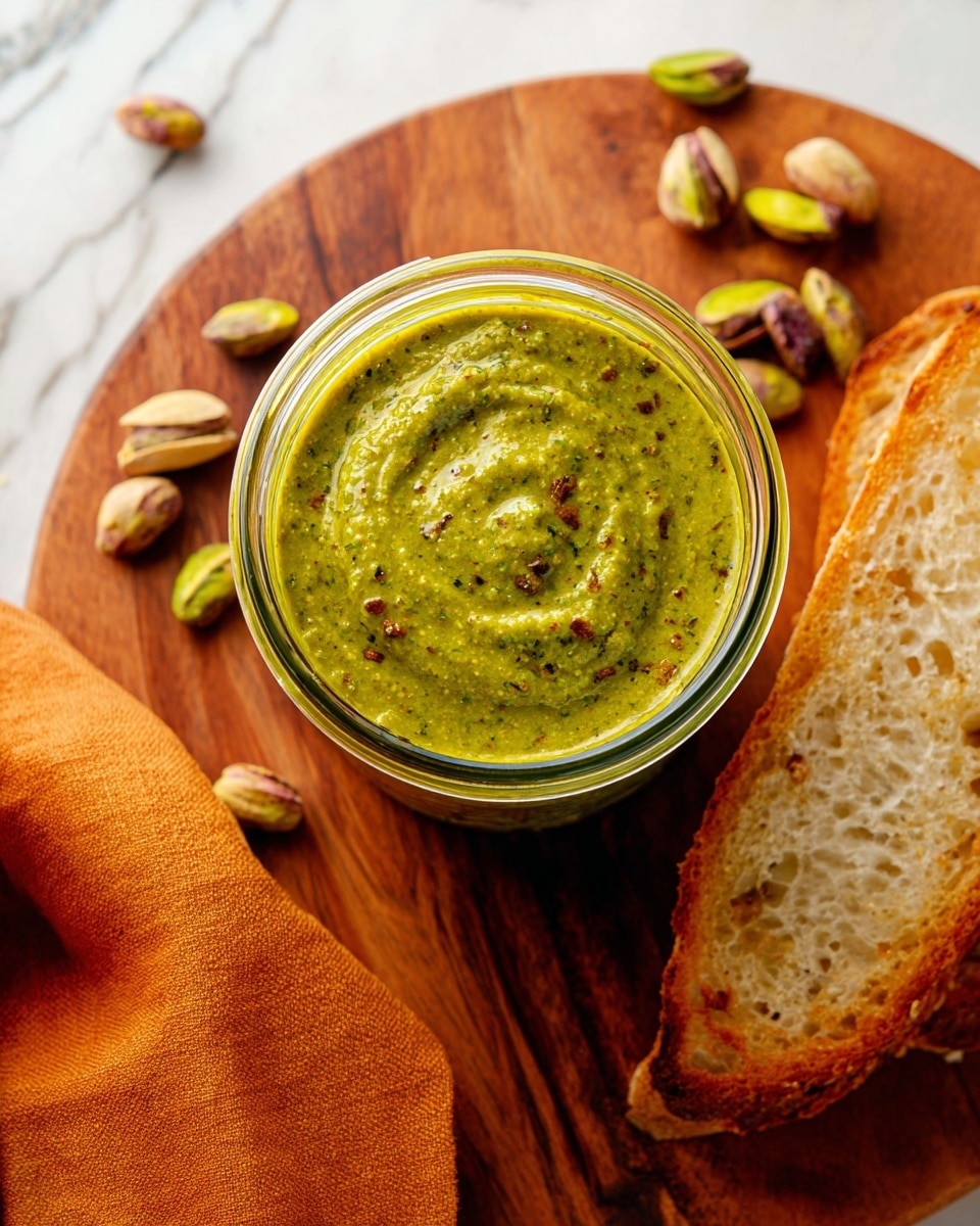 A clear glass jar filled with smooth, thick green pesto showing tiny specks of darker green and brown, creating a slightly grainy texture. The pesto fills the jar near the top with a swirl pattern in the center. The jar sits on a round wooden board with a rich brown color and natural wood grain. To the right of the jar, there are two slices of toasted bread with a golden-brown crust and an airy, porous texture. Scattered pistachio nuts with green and brown shells lie near the jar on the wooden board. A folded orange cloth is placed to the left, partially visible. The background is a white marbled surface. photo taken with an iphone --ar 4:5 --v 7