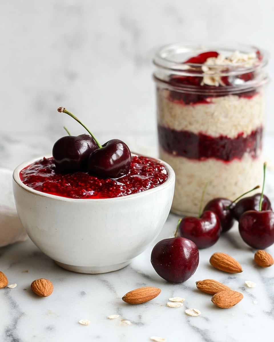 A white bowl filled with a creamy oatmeal base forms the bottom layer, topped with a bright red cherry chia jam layer that looks thick and textured, finishing with three whole dark red cherries placed on top. To the right, there is a clear glass jar showing three layers: a creamy oatmeal layer at the bottom, a thick middle layer of red chia jam, and another creamy oatmeal layer on top, crowned with two whole dark cherries. Around the dishes, there are a few whole dark cherries and scattered almonds on a white marbled surface. Photo taken with an iphone --ar 4:5 --v 7