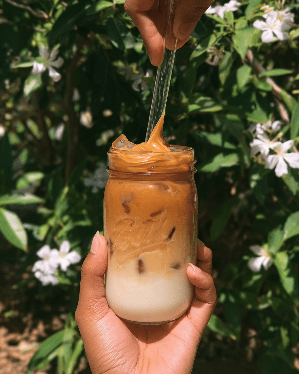 A woman's hand holds a clear glass jar filled with three visible layers: the bottom layer is a milky white liquid with ice cubes, the middle layer is a light brown gradient blending into the top layer, which is thick, smooth, and creamy with a rich caramel color, swirling upwards as it is lifted by a clear glass straw held by another woman's hand at the top center of the jar. The background shows green leaves and white flowers, but the focus remains on the jar. The photo taken with an iphone --ar 4:5 --v 7