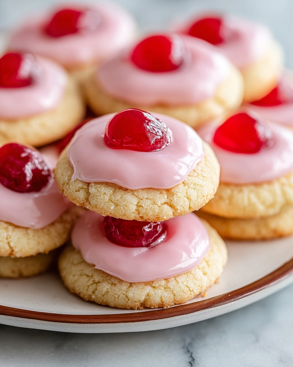 A stack of round cookies is shown on a white plate with a brown rim, placed on a white marbled surface. Each cookie has a crumbly light yellow base, topped with a smooth pale pink icing layer that spreads evenly but slightly drips at the edges. On top of each pink icing layer sits a shiny, deep red cherry perfectly centered. The cookies are arranged in a way that the front stack shows two cookies, one on top of the other, with the rest softly blurred in the background, highlighting the texture of the cookies and the glossy cherries. photo taken with an iphone --ar 4:5 --v 7