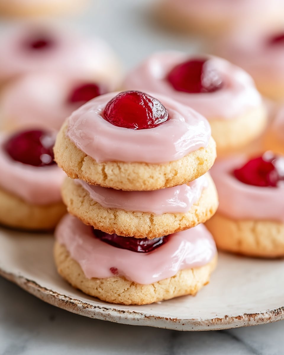 A close-up view of soft, round cookies stacked in a pile on a white plate with a rustic edge, set on a white marbled surface. Each cookie has two layers of pale golden dough with a smooth, pale pink icing layer between them, and a glossy deep red cherry placed in the center on top of the icing. The cookies' surface looks slightly crumbly around the edges, and the pink icing has a shiny, thick texture that gently spreads out beneath the cherry. In the background, more cookies with similar colors and texture are softly blurred. Photo taken with an iphone --ar 4:5 --v 7
