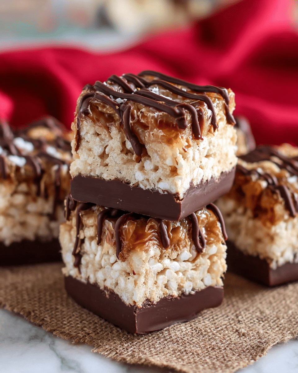 The image shows four square dessert bars, each with three layers stacked neatly. The bottom layer is thick and coated with dark chocolate, giving it a smooth and shiny texture. The middle layer is light tan and looks soft and crispy, made from puffed rice mixed with marshmallows. The top layer has a caramel color and appears sticky with small bits of nuts or toffee mixed in. Dark chocolate is drizzled over the caramel layer in thin, uneven lines. The bars rest on a rough brown mat, with a red cloth in the blurry background and a white marbled surface underneath. photo taken with an iphone --ar 4:5 --v 7