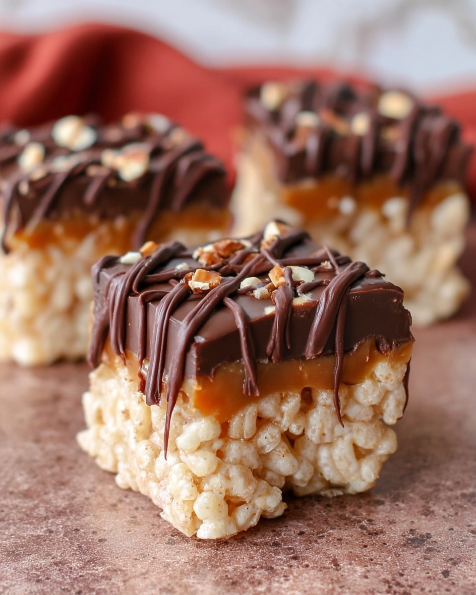 The image shows three square treats made of crispy rice cereal held together with a creamy white marshmallow layer. Each square has a thick dark brown chocolate coating on the bottom, covering about one third of the height. Above this, there is a light tan caramel layer with small nut pieces visible, topped with a smooth chocolate drizzle in zigzag patterns. The treats are placed on a textured brown surface with a white marbled background softly blurred in the distance. Photo taken with an iphone --ar 4:5 --v 7