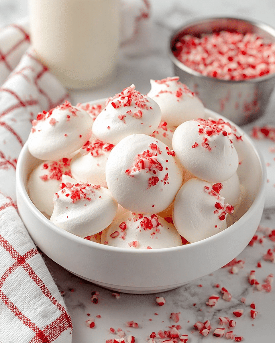 A white bowl filled with one layer of small, round white meringue cookies that have a smooth, slightly cracked texture; each meringue is topped with small pieces of crushed red candy, scattered unevenly across their surfaces. The bowl sits on a white marbled surface with additional crushed red candy scattered around it. In the background, a glass of milk and a metal cup filled with more crushed red candy are slightly blurred. A white and red checkered cloth is draped softly behind the bowl. photo taken with an iphone --ar 4:5 --v 7