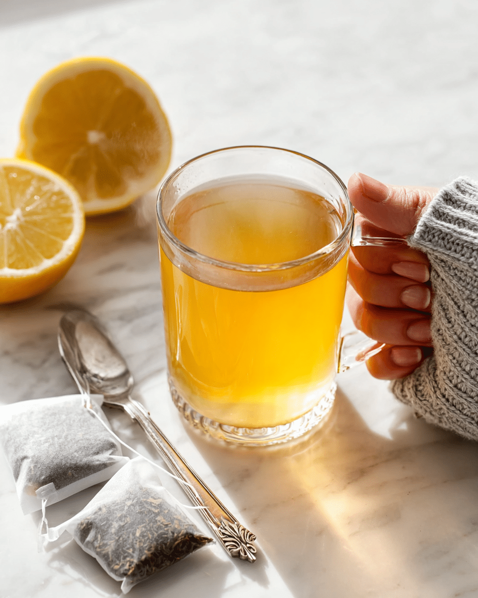 A clear glass cup filled with light golden tea, held on the right side by a woman's hand wearing a grey knitted sweater, sits on a white marbled surface. To the left of the cup, there is a silver spoon with a curled handle, and in front are three tea bags with visible dark tea leaves inside. In the background, a half lemon is cut open showing its bright yellow inside. The scene is brightly lit with soft natural light creating gentle shadows. photo taken with an iphone --ar 4:5 --v 7