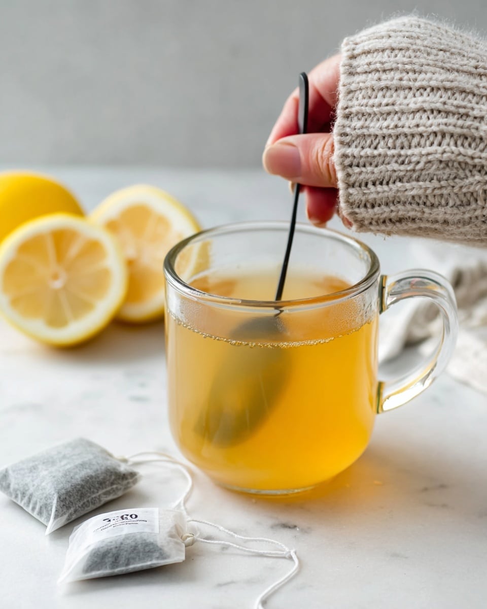 A clear glass cup filled with a warm yellow tea sits on a white marbled surface. Inside the cup, a black spoon stirs the tea, held by a woman's hand wearing a soft, knitted light gray sweater. In the background, two lemon halves show their pale yellow flesh, and next to the cup, two white tea bags with strings lie on the surface. The whole scene has a soft and cozy feeling from the gentle light. photo taken with an iphone --ar 4:5 --v 7