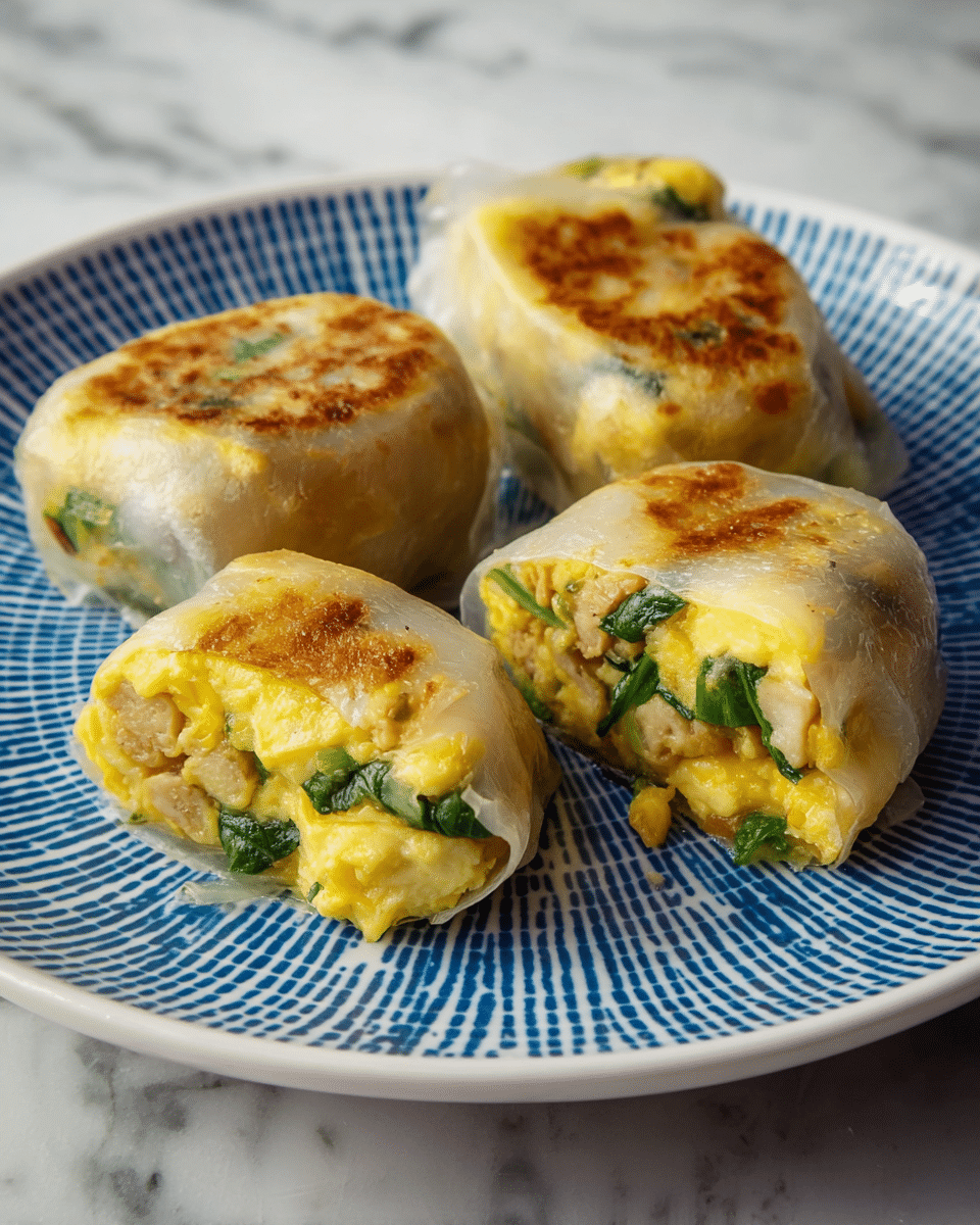 The image shows four stuffed, pan-fried pieces placed on a white plate with a blue dotted pattern. Each piece has a golden brown, slightly crispy outer layer that appears to be made of thin rice paper or similar translucent wrapper. Inside, there are two visible layers: the first is a light yellow scrambled egg mixed with small bits of cooked green spinach leaves, and the second is the slightly translucent cooked wrapper that encases the filling. Two pieces are whole with rounded edges, and the other two are cut in half, showing the soft, creamy, and textured yellow egg and green spinach mixture inside. The white marbled surface underneath the plate adds clean contrast to the warm colors of the food. photo taken with an iphone --ar 4:5 --v 7