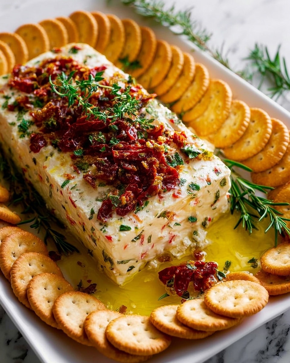 The image shows a white rectangular plate on a white marbled surface, with a block of soft cheese spread topped with a mix of finely chopped sun-dried tomatoes and fresh green herbs like rosemary and parsley. The cheese is creamy white with tiny colorful specks inside, and the topping adds a bright reddish and green contrast. Around the cheese block, there is a neat ring of golden round crackers placed in an overlapping pattern, and some sprigs of rosemary are used for decoration. There is a pool of golden oil surrounding the cheese, adding shine and richness to the scene. Photo taken with an iphone --ar 4:5 --v 7