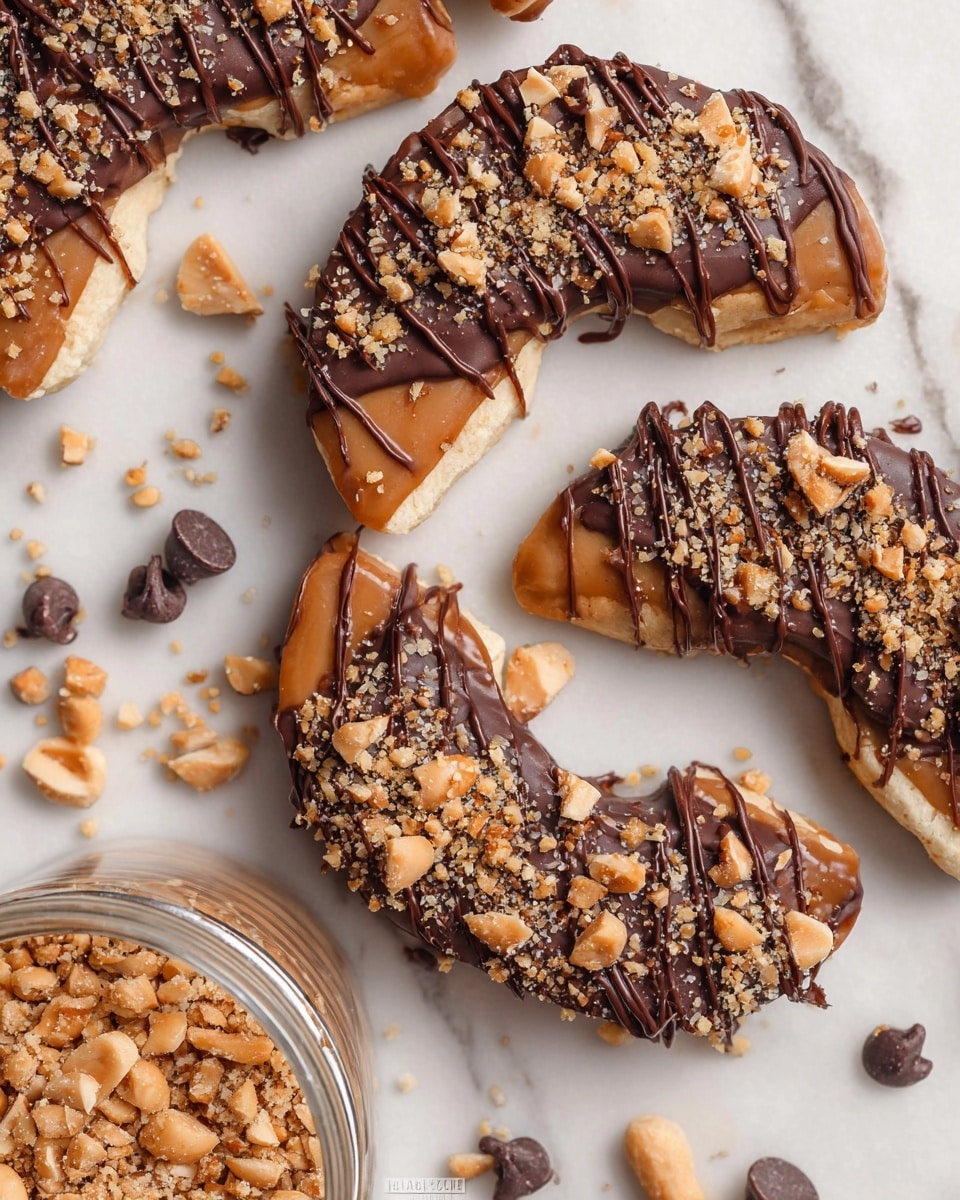 The image shows several candy pieces shaped like crescent moons on a white marbled surface. Each candy has three visible layers: a bottom light beige chewy layer, a middle thick caramel brown layer, and a top layer of dark chocolate drizzled in a wavy pattern. The chocolate layer is sprinkled with crushed light brown nuts. Small dark chocolate chips and more crushed nuts are scattered around the candies. Part of a clear jar filled with crushed nuts is seen in the lower-left corner. Photo taken with an iphone --ar 4:5 --v 7