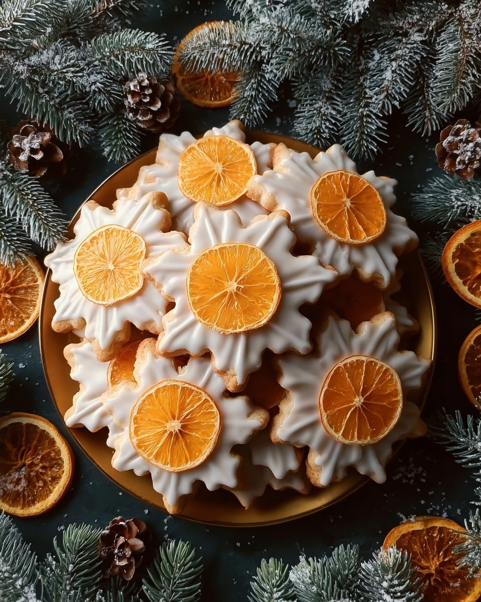 A round white plate holds a stack of seven star-shaped cookies with eight pointed ridges each, coated with a smooth white icing glaze and dusted lightly with powdered sugar. The cookies are placed on and around several slices of bright orange, adding vibrant color to the arrangement. The plate is set on a white marbled surface, surrounded by festive decorations including dark brown pine cones, gold glittery baubles, green pine sprigs, and a soft white snowflake ornament in the top left corner. The warm, cozy atmosphere highlights the contrast between the bright cookies and the rich holiday decor. photo taken with an iphone --ar 4:5 --v 7