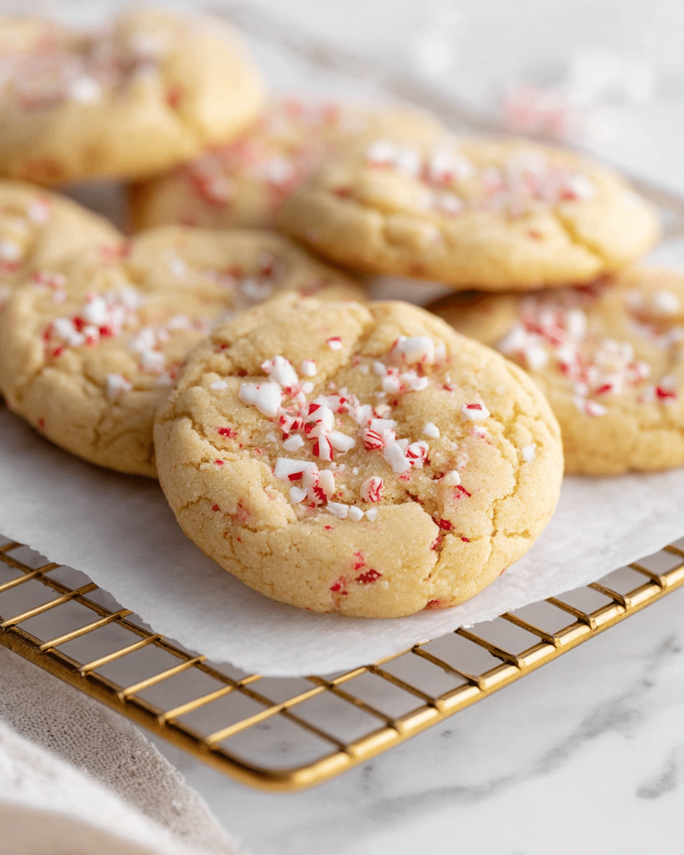 Several soft, round cookies with a light golden color are placed on a white parchment paper over a gold cooling rack. The cookies are dotted with small red and white peppermint pieces that add texture and color contrast on the surface. The cookies have a slightly cracked texture, showing their soft and chewy nature. The background is a white marbled texture, adding a clean and simple look to the scene. photo taken with an iphone --ar 4:5 --v 7