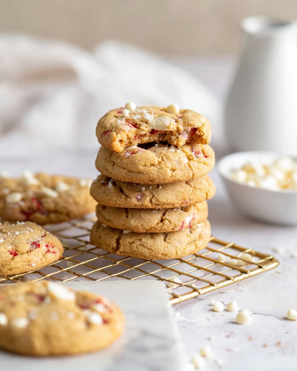 A stack of five round cookies sits centered on a white marbled surface, each cookie golden brown with visible chunks of red and white pieces throughout. The top cookie has a bite taken out, showing a soft, chewy texture inside with cream-colored bits. To the left, more cookies lie scattered, some resting flat. Behind the stack, a white bowl filled with coarse white pieces and a white jug are slightly out of focus. The cookies rest on a gold wire rack topped with a white marble slab, creating a cozy, inviting presentation. Photo taken with an iphone --ar 4:5 --v 7