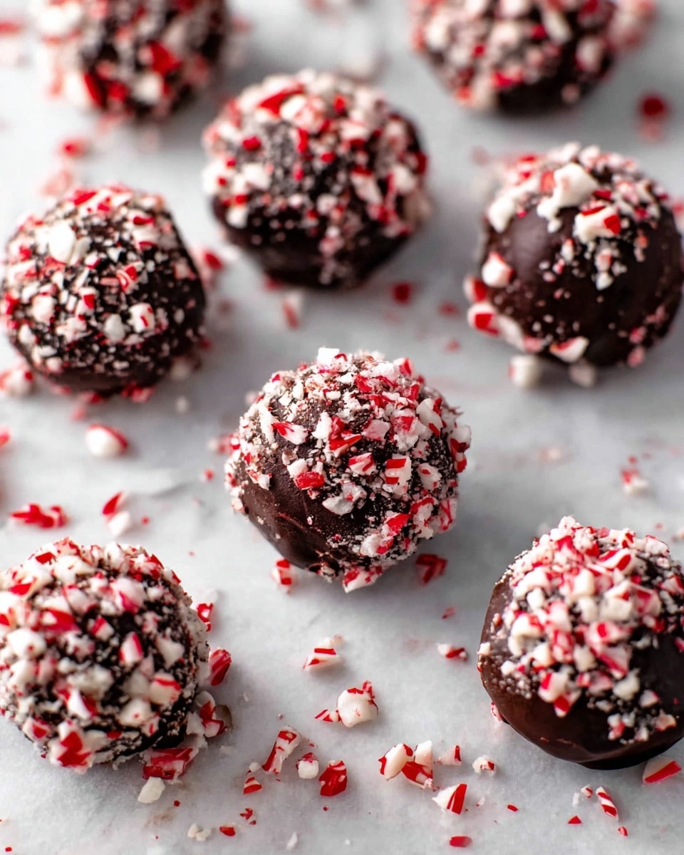 The image shows nine round chocolate truffles spread on a white marbled surface. Each truffle has a smooth dark brown base layer coated thickly with crushed peppermint pieces in white and red colors, covering the entire outer surface. The peppermint bits add a rough and crunchy texture contrasted against the shiny dark chocolate underneath. Small peppermint crumbs are scattered around the truffles on the surface, enhancing the festive appearance. photo taken with an iphone --ar 4:5 --v 7