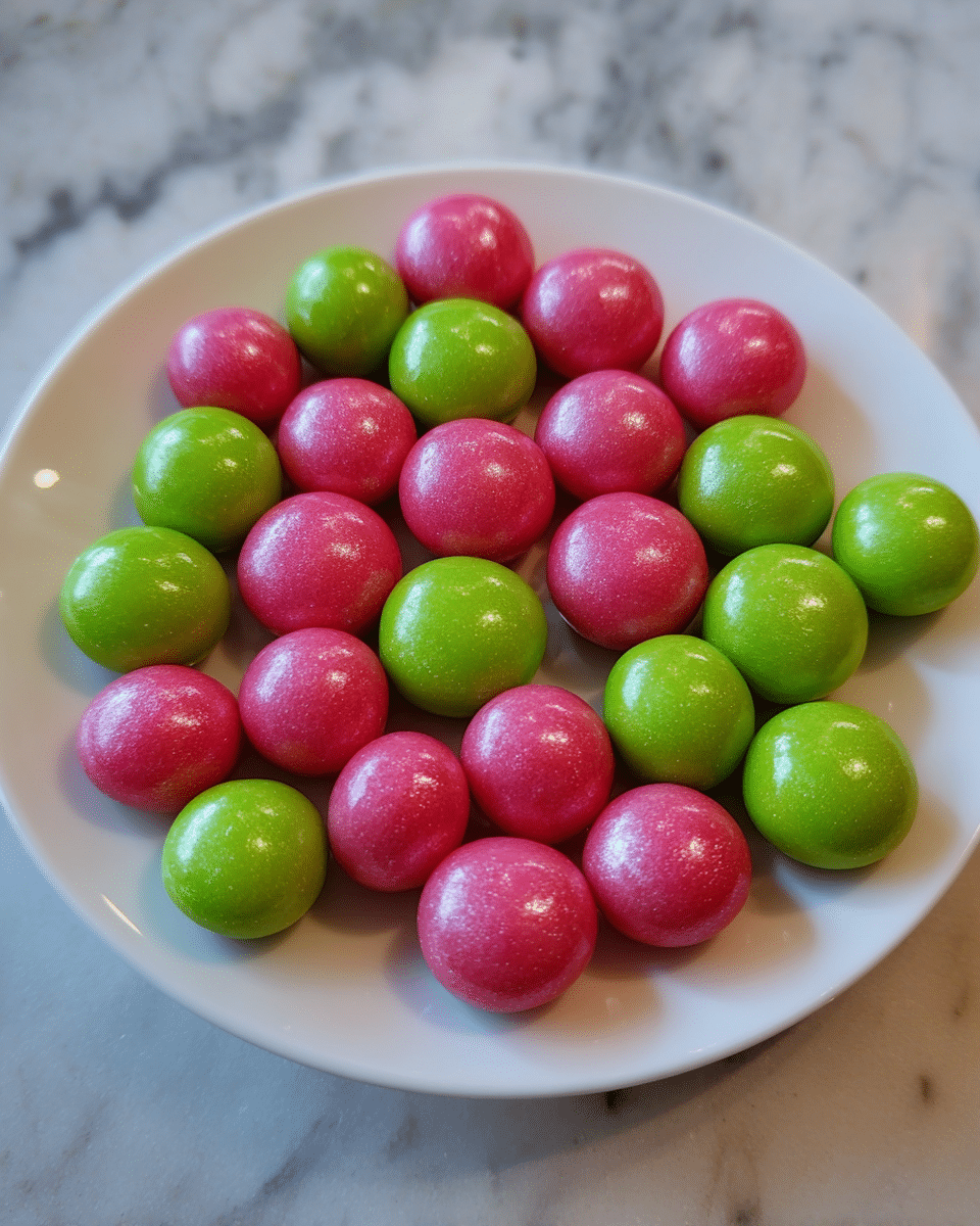 A white plate holds one layer of shiny round candies, with about half in bright pink and the other half in vibrant green. Each candy has a smooth, glossy texture that catches the light, giving them a slightly sparkly look. The candies fill the plate fully, sitting close together on a white marbled surface. photo taken with an iphone --ar 4:5 --v 7