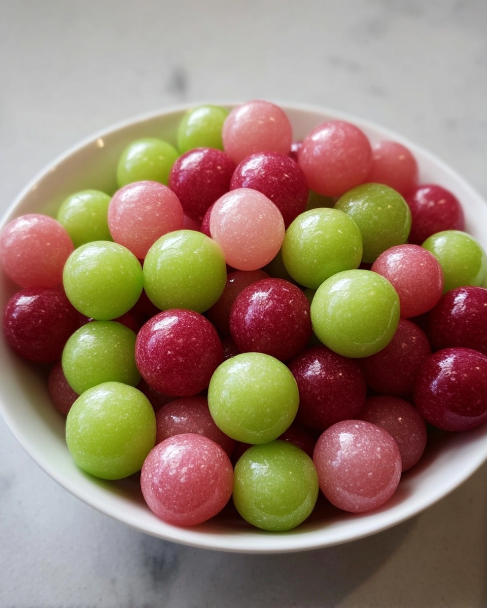 A white bowl filled with about three layers of shiny, round candy balls in three colors: bright green, light pink, and deep red. The balls have a smooth, slightly frosted texture that gives a soft gloss on their surfaces. The bowl sits on a white marbled surface, and soft light highlights the smooth curves and colors of the candies in the bowl. Photo taken with an iphone --ar 4:5 --v 7