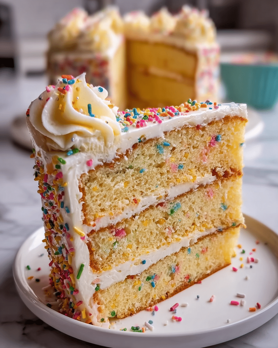 A close-up of a slice of three-layer yellow cake with white frosting between each layer and around the outside. The cake layers have small colorful sprinkles inside, matching the multicolored sprinkles scattered on top of the smooth frosting and around the sides. The top edge of the slice has swirled white frosting decorations with sprinkles on them. The cake slice sits on a white plate on a white marbled surface, with the rest of the cake blurred in the background. photo taken with an iphone --ar 4:5 --v 7