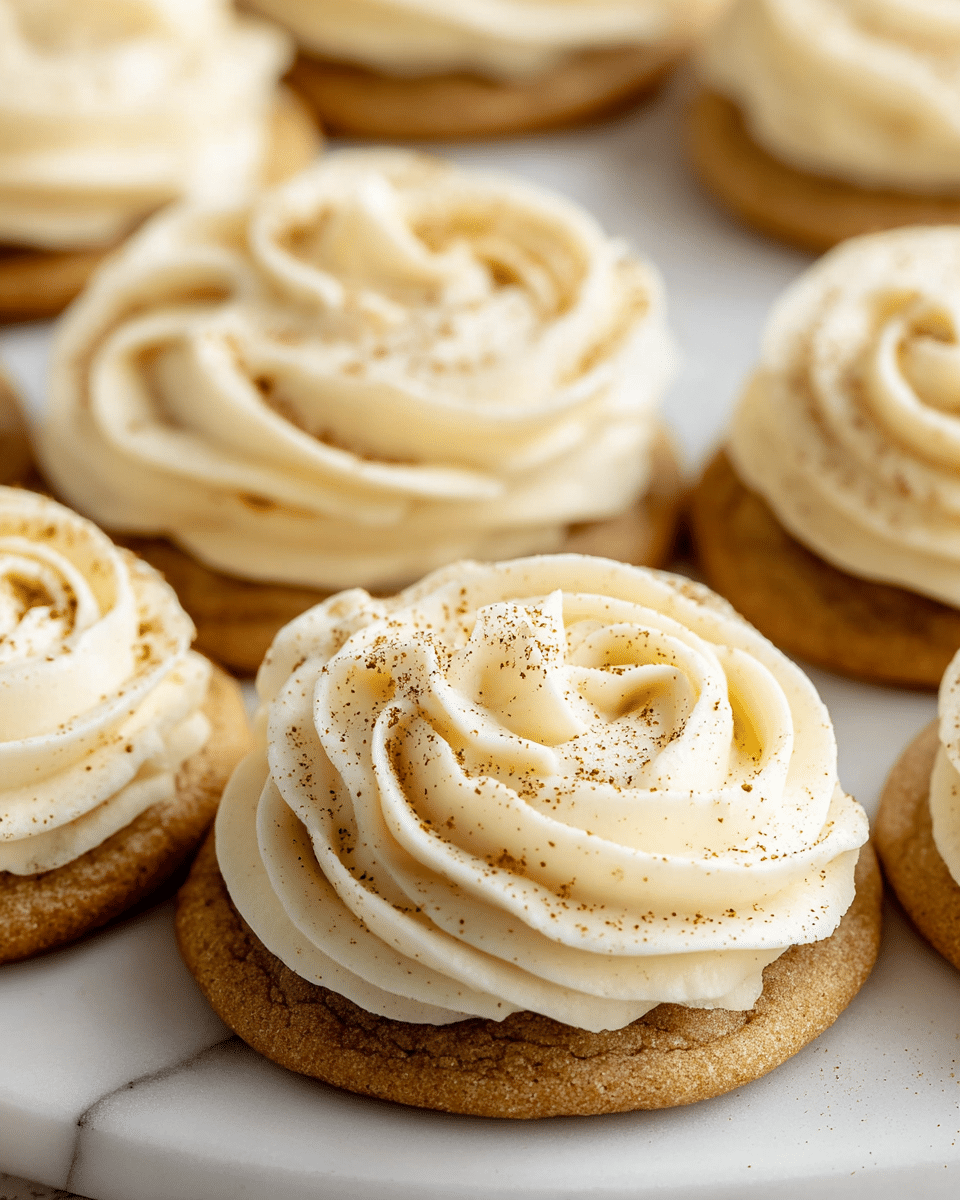 The image shows several soft cookies placed closely together on a white marbled surface. Each cookie has two layers: the bottom layer is a light brown, round cookie with a slightly rough texture, and the top layer is a thick swirl of cream-colored frosting, piped in a rosette pattern with smooth, creamy texture. The frosting is lightly sprinkled with fine brown spice powder, adding a delicate garnish on top. Photo taken with an iphone --ar 4:5 --v 7