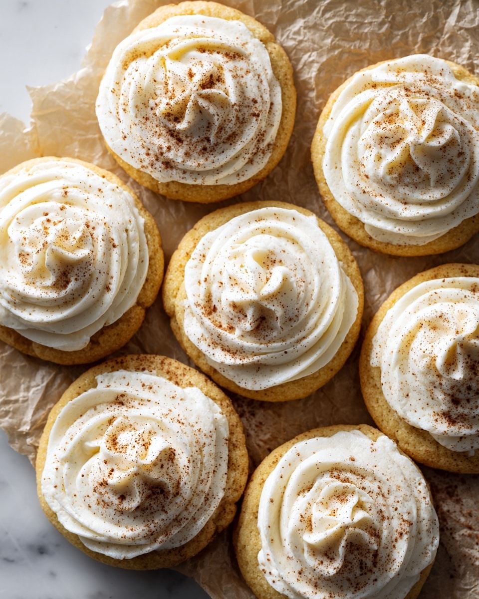 The image shows a close-up of nine round cookies arranged close together on crumpled light brown paper, placed on a white marbled surface. Each cookie has one smooth, thick layer of creamy white frosting spread on top, shaped in a circular swirl pattern. Light brown powder, likely cinnamon, is sprinkled evenly over the frosting on each cookie, giving a soft, dusty look on the white cream. The cookies are a golden yellow color with a slightly rough texture. The photo taken with an iphone --ar 4:5 --v 7