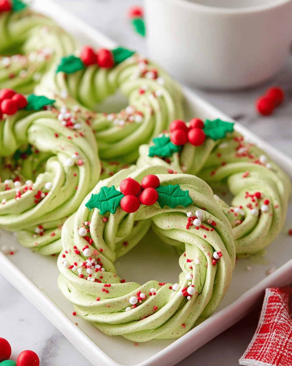 The image shows light green meringue wreath cookies with a swirled texture, arranged on a white rectangular plate. Each cookie is shaped like a ring with two concentric loops, topped with small red and green holly leaf decorations and red round berries made of icing on one side. The wreaths are sprinkled with small red, white, and green round sprinkles, adding color and texture. The background is a white marbled surface, with part of another white bowl and a red and white cloth visible at the edges. Photo taken with an iphone --ar 4:5 --v 7
