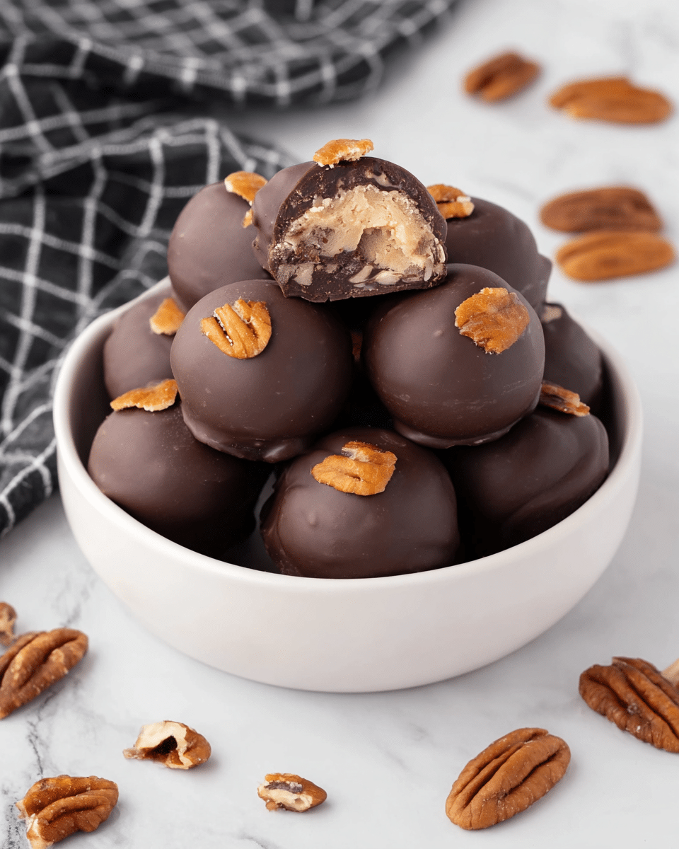 A white bowl is filled with two layers of round chocolate-covered balls that have a smooth, dark brown shiny surface. Each ball is topped with a small piece of orange-brown pecan nut, adding texture and color contrast. The top layer shows a ball with a bite taken out, revealing a creamy, light beige filling inside with a slightly soft texture. Around the bowl, scattered whole and broken pecans add to the rustic, natural feel. The bowl rests on a white marbled surface with a black and white checkered cloth nearby. Photo taken with an iphone --ar 4:5 --v 7