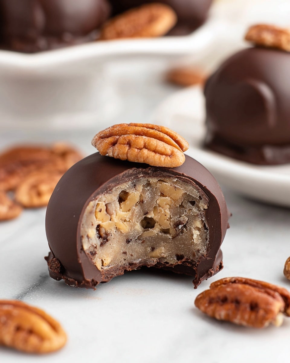 A close-up view of a chocolate-covered candy ball with one bite taken out, showing three layers inside: a smooth, thin dark brown chocolate shell, a light brown chewy center with a textured mix of nuts and caramel, and visible small nut pieces embedded throughout the center. On top, there is a half light brown pecan placed as decoration. The candy is resting on a white marbled surface with whole pecans scattered around and blurred white plates holding more chocolate candies in the background. photo taken with an iphone --ar 4:5 --v 7