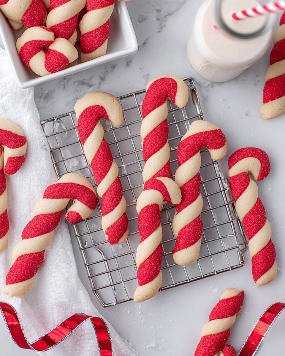 The image shows several candy cane-shaped cookies with twisted red and white dough layers spiraled evenly, creating a striped pattern. Six cookies are placed on a silver wire cooling rack centered in the image, while more cookies are scattered around on a white marbled surface. In the top left corner, a white square bowl holds extra cookies. A white glass bottle with a red and white striped straw is positioned on the top right side. A red and white twisted ribbon runs across the bottom part of the image, adding a festive touch. The photo taken with an iphone --ar 4:5 --v 7